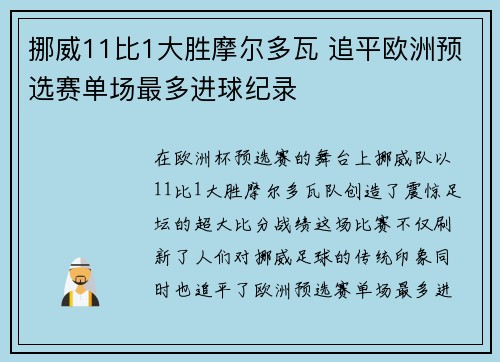 挪威11比1大胜摩尔多瓦 追平欧洲预选赛单场最多进球纪录